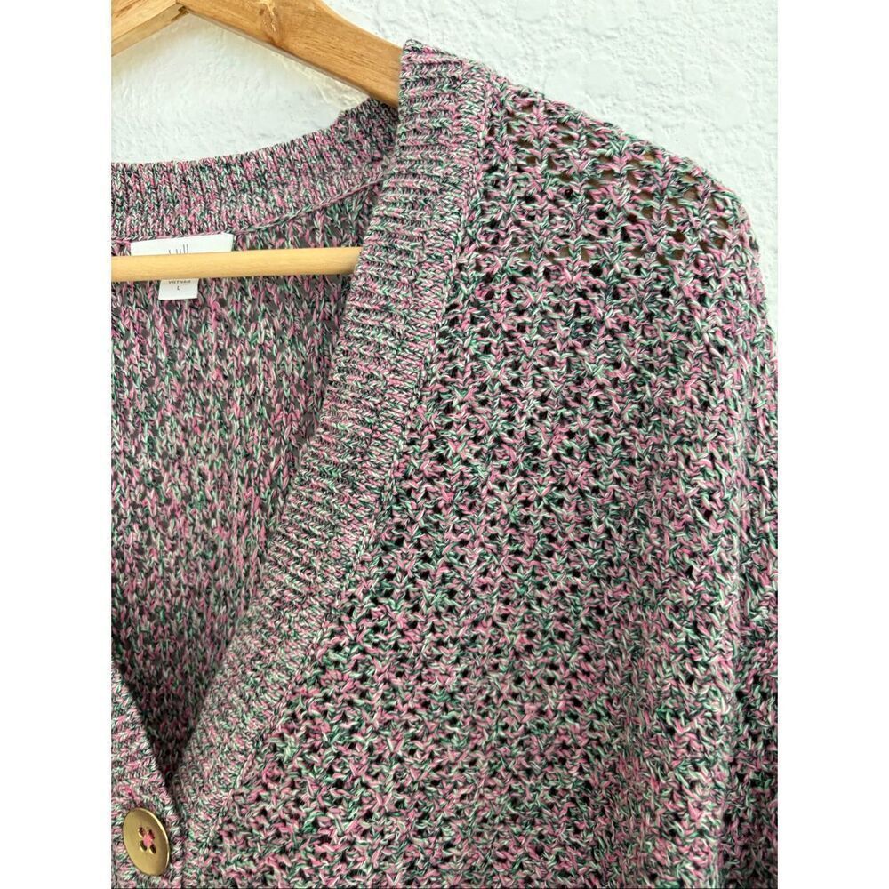J. Jill Mixed Color Textured Cotton Knit V-Neck Cardigan Pink, Green Size L - Picture 6 of 12